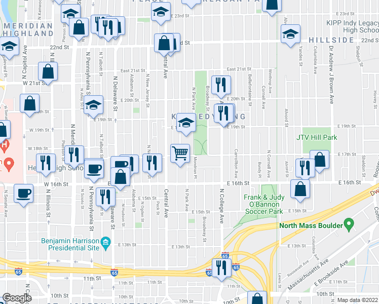map of restaurants, bars, coffee shops, grocery stores, and more near 546 East 17th Street in Indianapolis