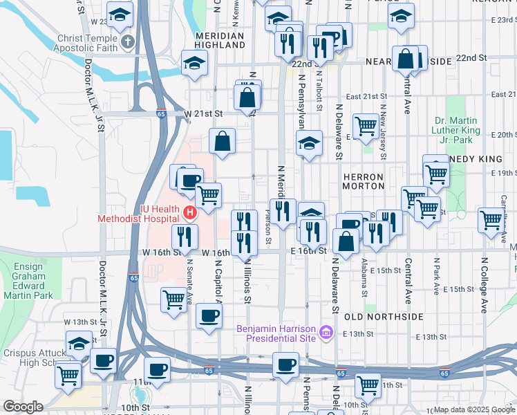 map of restaurants, bars, coffee shops, grocery stores, and more near 1741 North Illinois Street in Indianapolis