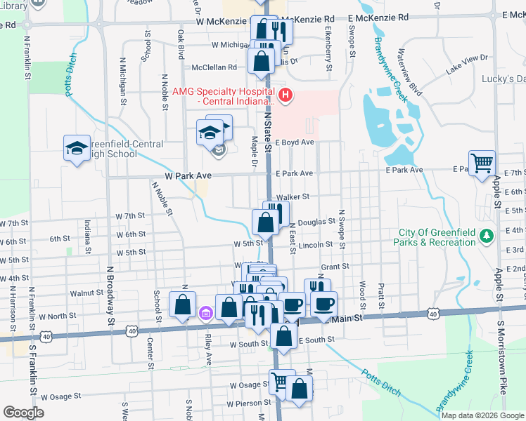 map of restaurants, bars, coffee shops, grocery stores, and more near 520 North State Street in Greenfield