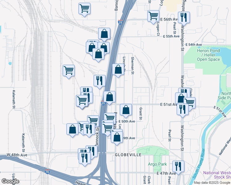 map of restaurants, bars, coffee shops, grocery stores, and more near 5171 Broadway in Denver