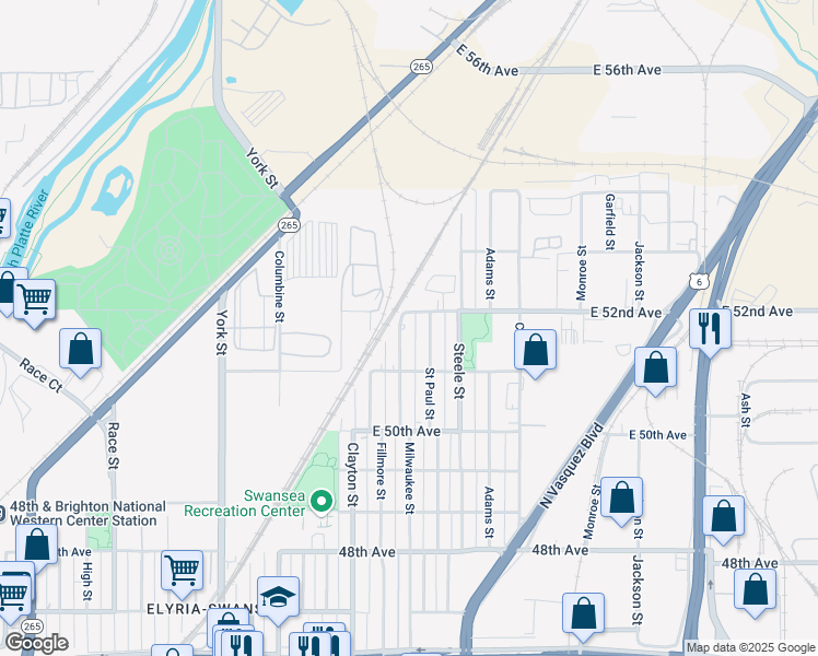 map of restaurants, bars, coffee shops, grocery stores, and more near 5170 Milwaukee Street in Denver