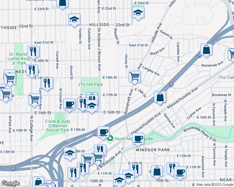 map of restaurants, bars, coffee shops, grocery stores, and more near 1702 Sheldon Street in Indianapolis