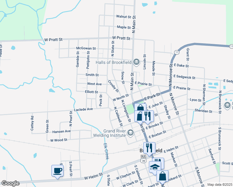 map of restaurants, bars, coffee shops, grocery stores, and more near 601-699 Crosby Street in Brookfield