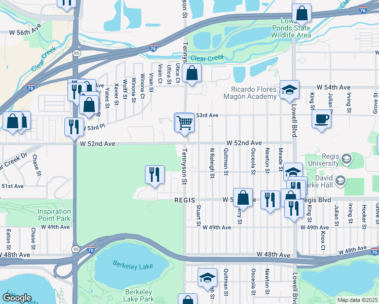 map of restaurants, bars, coffee shops, grocery stores, and more near 5168 Tennyson Street in Denver