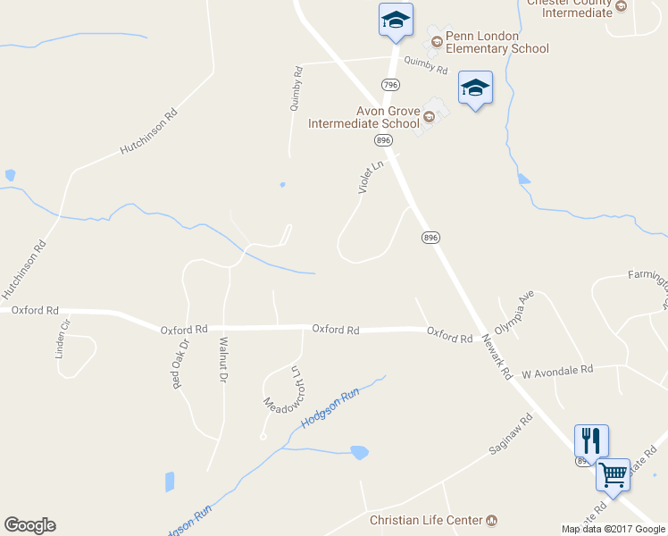 map of restaurants, bars, coffee shops, grocery stores, and more near 19 Violet Lane in West Grove
