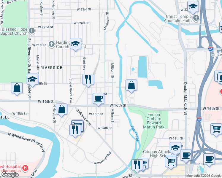map of restaurants, bars, coffee shops, grocery stores, and more near 1718 Milburn Street in Indianapolis
