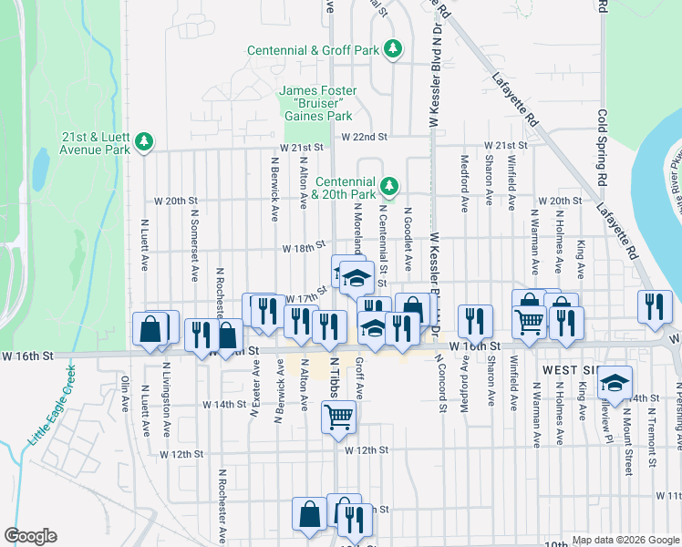 map of restaurants, bars, coffee shops, grocery stores, and more near 1707 North Tibbs Avenue in Indianapolis