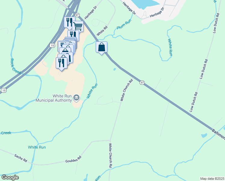 map of restaurants, bars, coffee shops, grocery stores, and more near 51 White Church Road in Gettysburg
