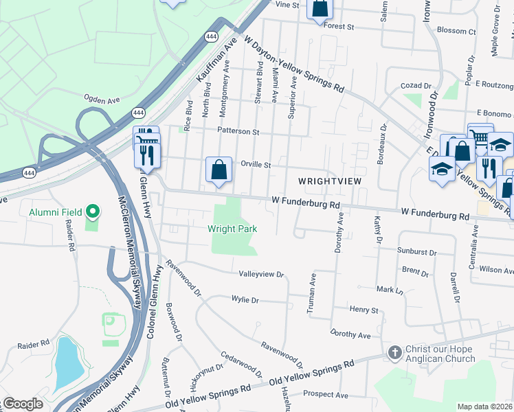 map of restaurants, bars, coffee shops, grocery stores, and more near 444 West Funderburg Road in Fairborn
