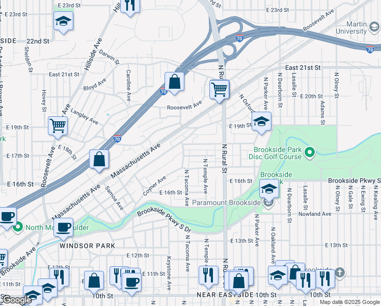 map of restaurants, bars, coffee shops, grocery stores, and more near 2514 Brookway Street in Indianapolis