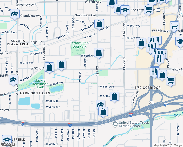 map of restaurants, bars, coffee shops, grocery stores, and more near 8440 West 52nd Avenue in Arvada