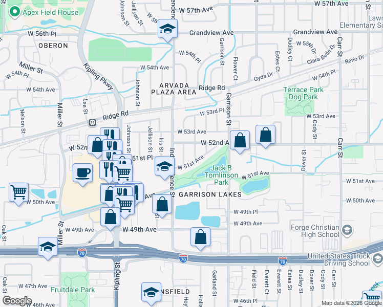 map of restaurants, bars, coffee shops, grocery stores, and more near 5145 Hoyt Street in Arvada