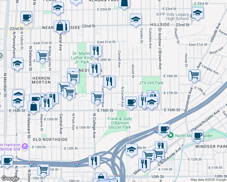 map of restaurants, bars, coffee shops, grocery stores, and more near 906 East 17th Street in Indianapolis