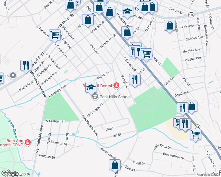 map of restaurants, bars, coffee shops, grocery stores, and more near 530 Meade Avenue in Hanover