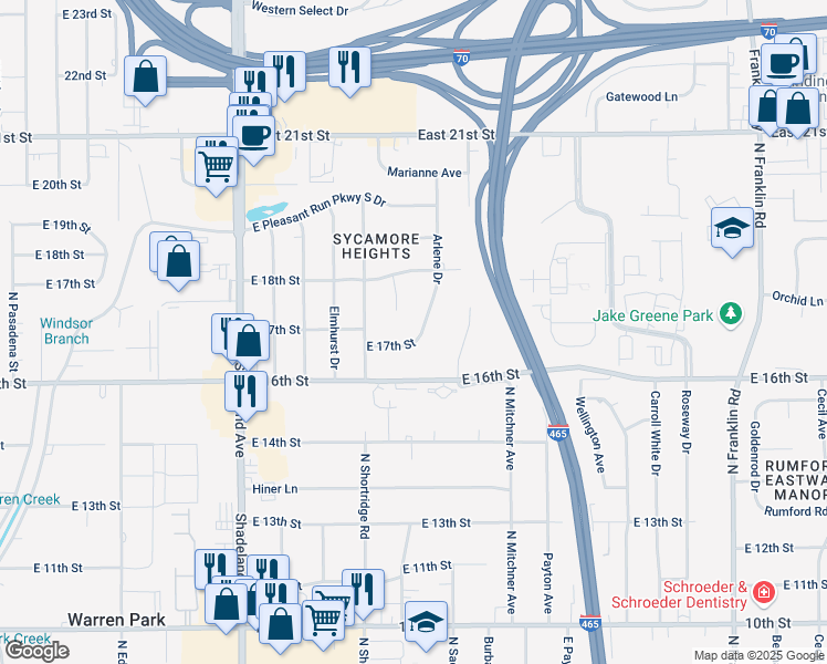 map of restaurants, bars, coffee shops, grocery stores, and more near 1706 Arlene Drive in Indianapolis