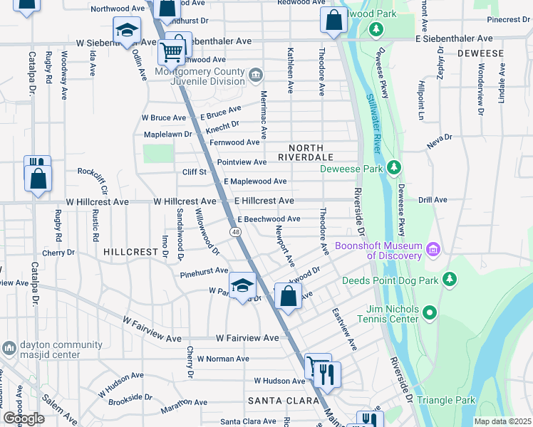 map of restaurants, bars, coffee shops, grocery stores, and more near 57 East Beechwood Avenue in Dayton
