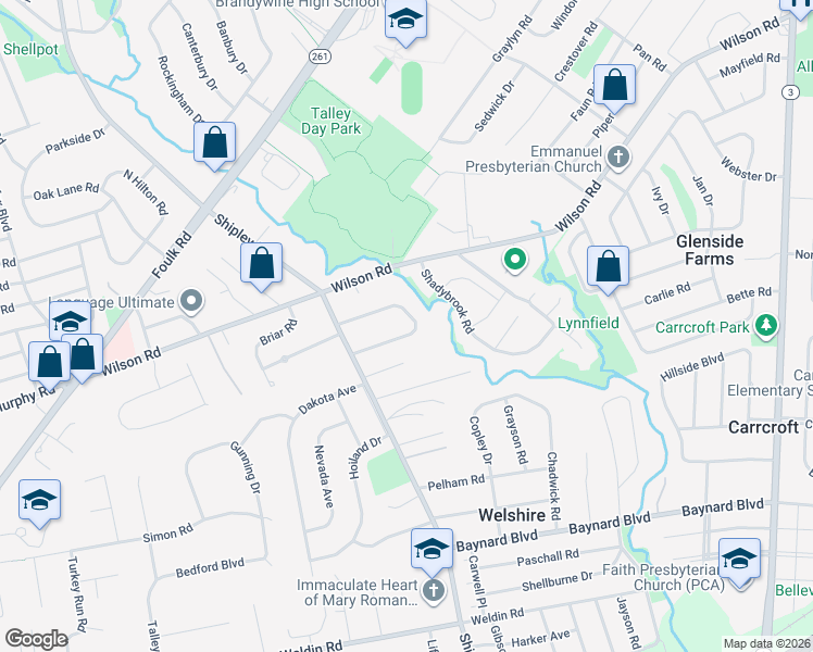 map of restaurants, bars, coffee shops, grocery stores, and more near 11 Boulder Brook Drive in Wilmington
