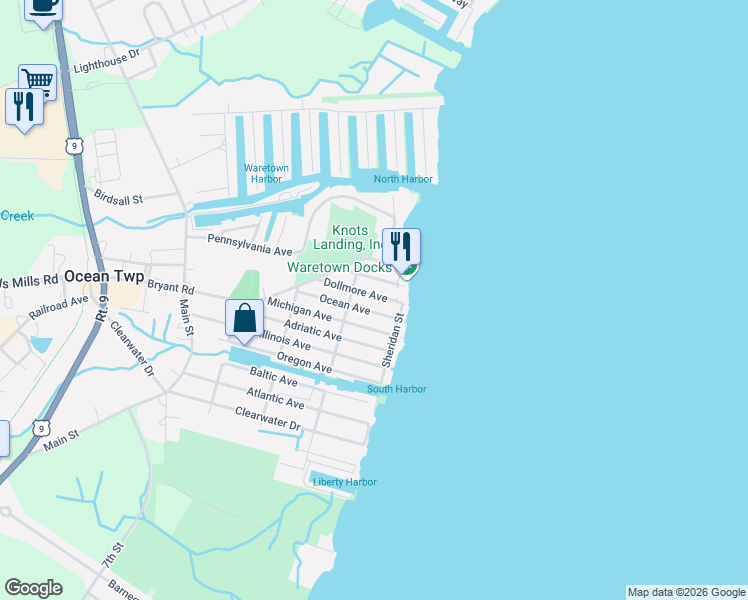 map of restaurants, bars, coffee shops, grocery stores, and more near 108 Dollmore Avenue in Ocean Township
