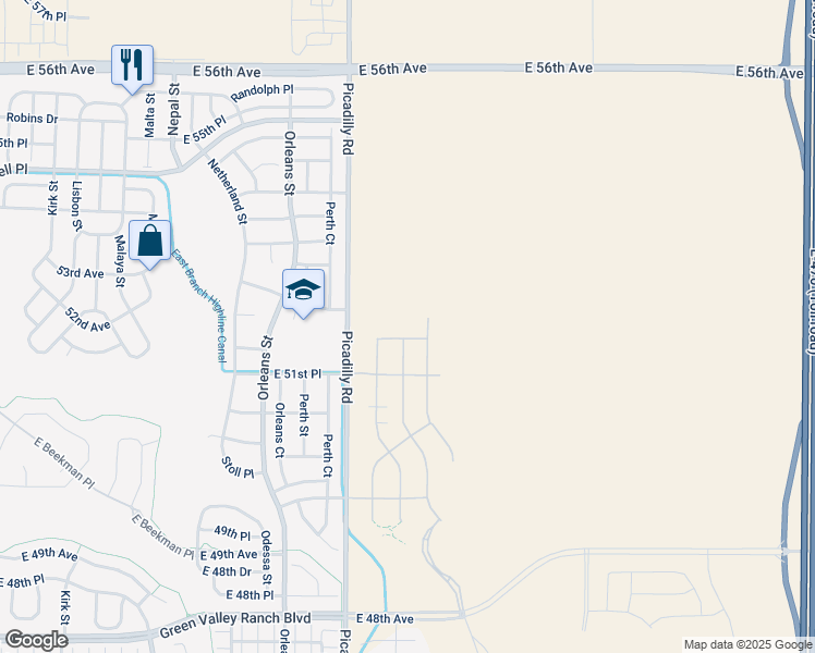 map of restaurants, bars, coffee shops, grocery stores, and more near 5142-5214 Picadilly Road in Denver