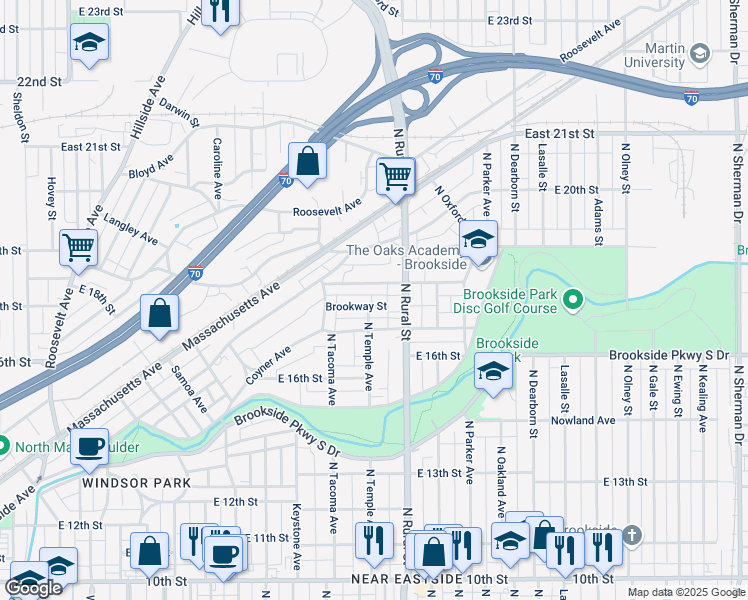 map of restaurants, bars, coffee shops, grocery stores, and more near 2604 Brookway Street in Indianapolis