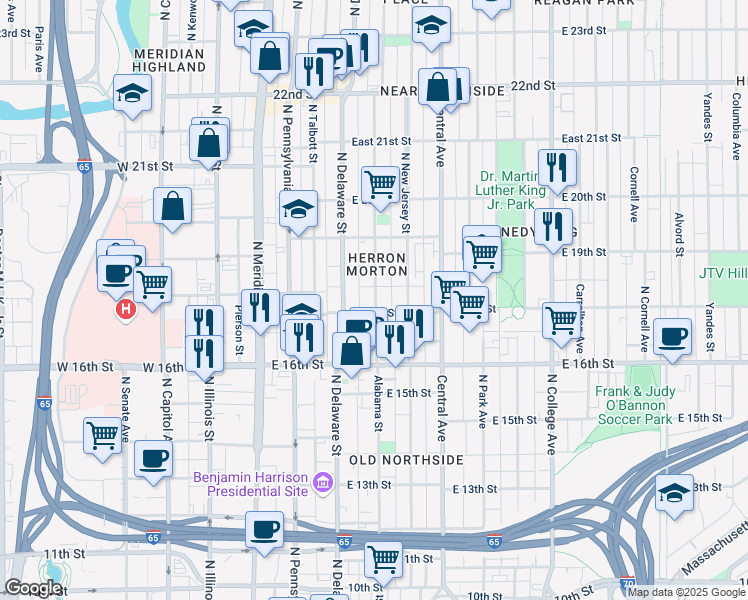 map of restaurants, bars, coffee shops, grocery stores, and more near 1710 North Alabama Street in Indianapolis