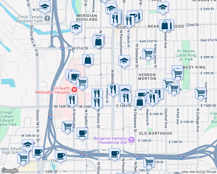 map of restaurants, bars, coffee shops, grocery stores, and more near in Indianapolis