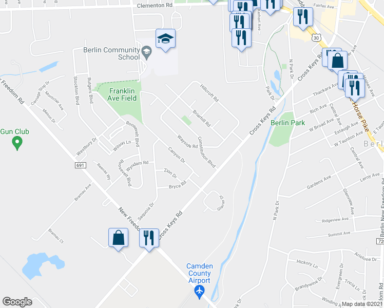 map of restaurants, bars, coffee shops, grocery stores, and more near 68 Wayside Road in Berlin