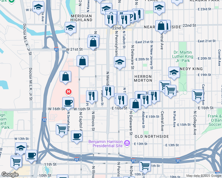 map of restaurants, bars, coffee shops, grocery stores, and more near 1751 North Meridian Street in Indianapolis