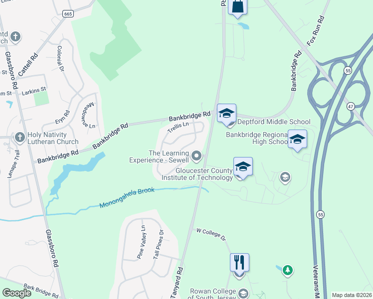 map of restaurants, bars, coffee shops, grocery stores, and more near 125 Parasol Pl in Deptford Township