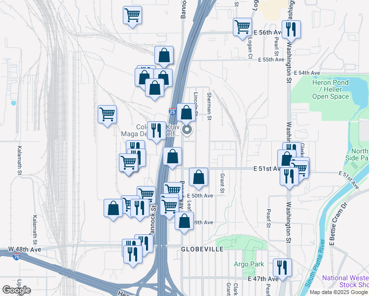 map of restaurants, bars, coffee shops, grocery stores, and more near 5171 Broadway in Denver