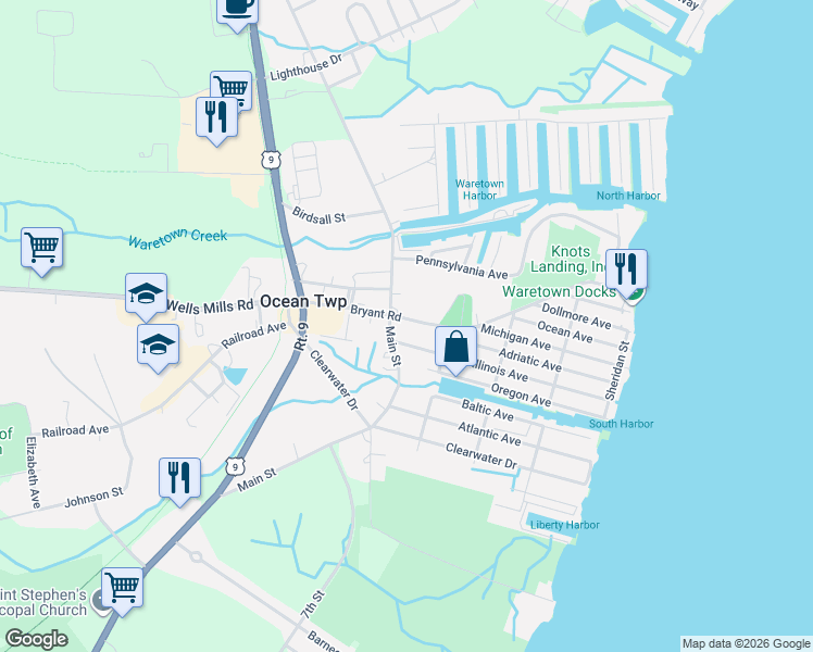 map of restaurants, bars, coffee shops, grocery stores, and more near 32 Bryant Road in Ocean Township