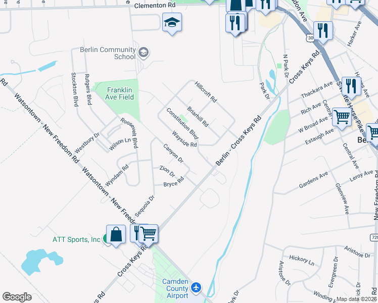 map of restaurants, bars, coffee shops, grocery stores, and more near 68 Wayside Road in Berlin