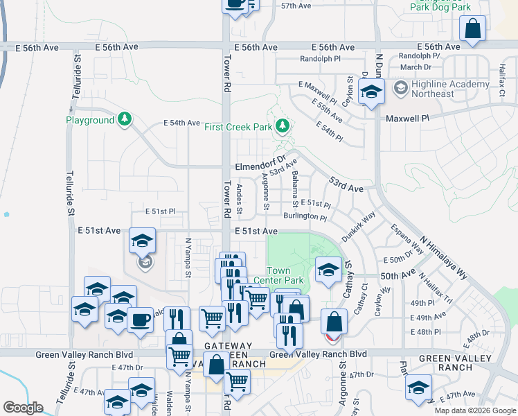 map of restaurants, bars, coffee shops, grocery stores, and more near 5129 Andes Way in Denver
