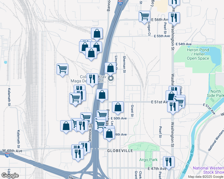 map of restaurants, bars, coffee shops, grocery stores, and more near 5100 Lincoln Street in Denver
