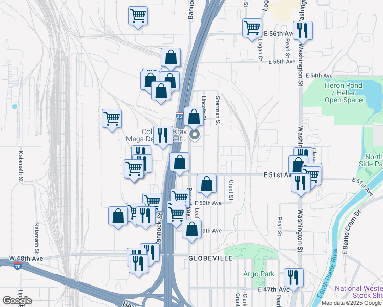 map of restaurants, bars, coffee shops, grocery stores, and more near 5171 Broadway in Denver
