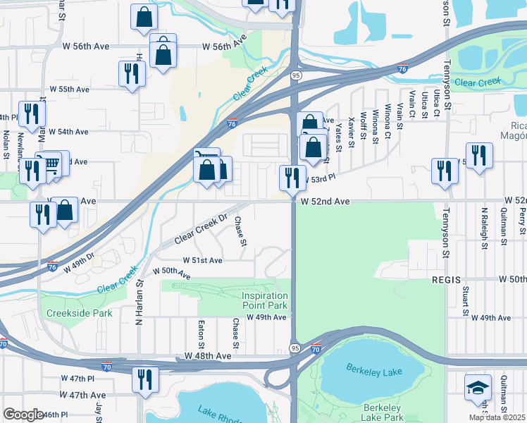 map of restaurants, bars, coffee shops, grocery stores, and more near 5350 West 52nd Avenue in Denver