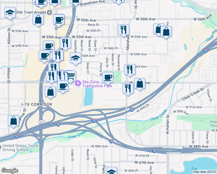 map of restaurants, bars, coffee shops, grocery stores, and more near 6770 West 52nd Avenue in Arvada