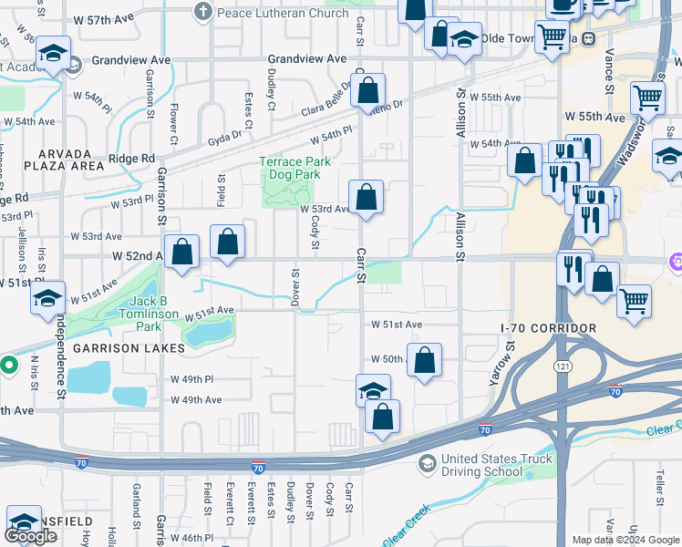 map of restaurants, bars, coffee shops, grocery stores, and more near in Arvada