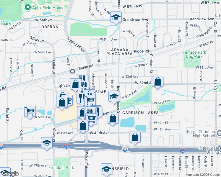 map of restaurants, bars, coffee shops, grocery stores, and more near 9721 West 51st Place in Arvada
