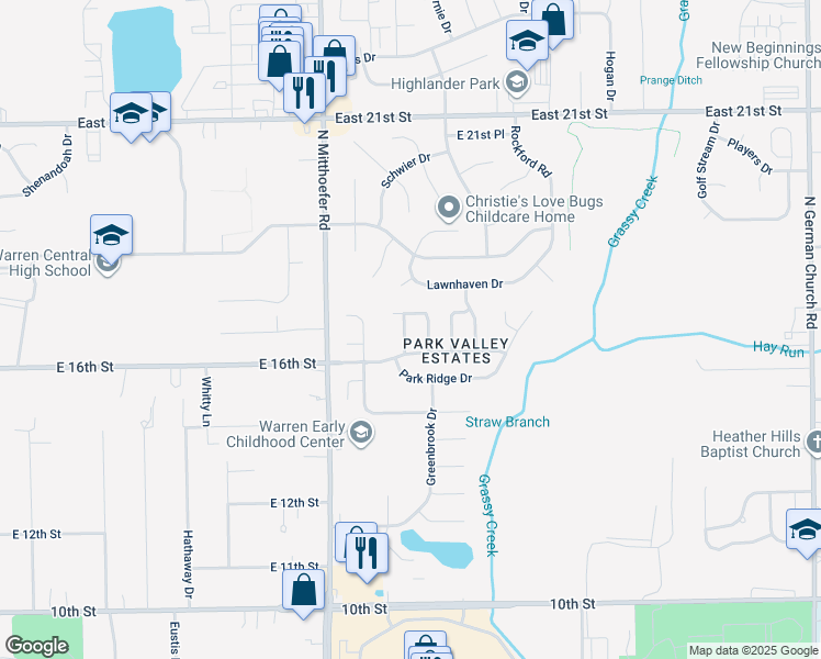 map of restaurants, bars, coffee shops, grocery stores, and more near 1634 Park Chase Place in Indianapolis