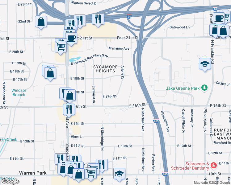 map of restaurants, bars, coffee shops, grocery stores, and more near 1706 Arlene Drive in Indianapolis