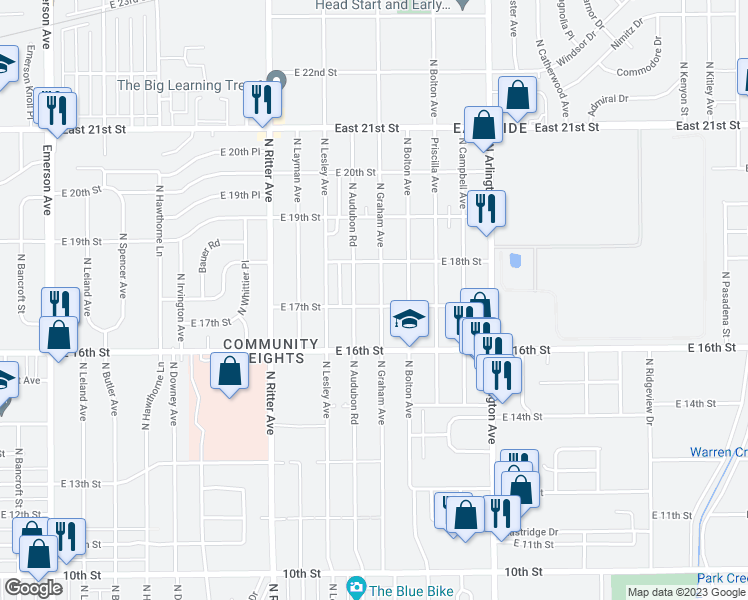 map of restaurants, bars, coffee shops, grocery stores, and more near 1701 North Audubon Road in Indianapolis