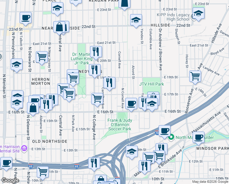 map of restaurants, bars, coffee shops, grocery stores, and more near 906 East 17th Street in Indianapolis