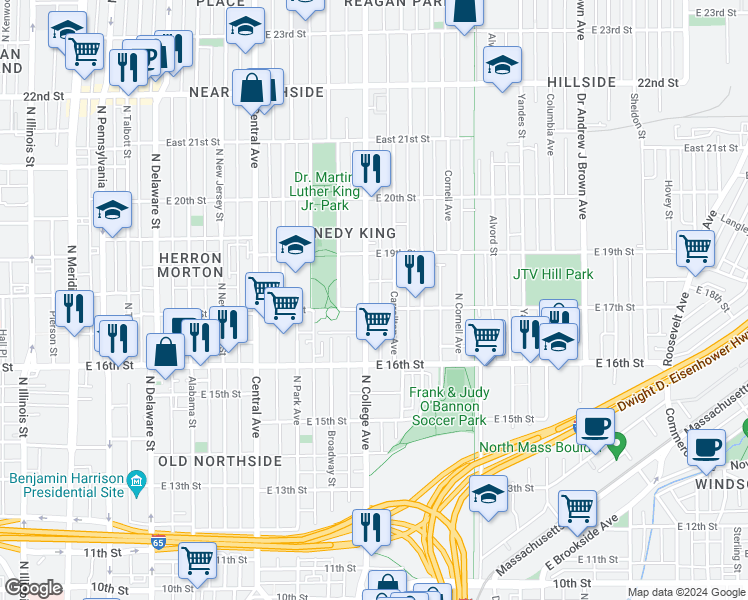 map of restaurants, bars, coffee shops, grocery stores, and more near 1704 North College Avenue in Indianapolis