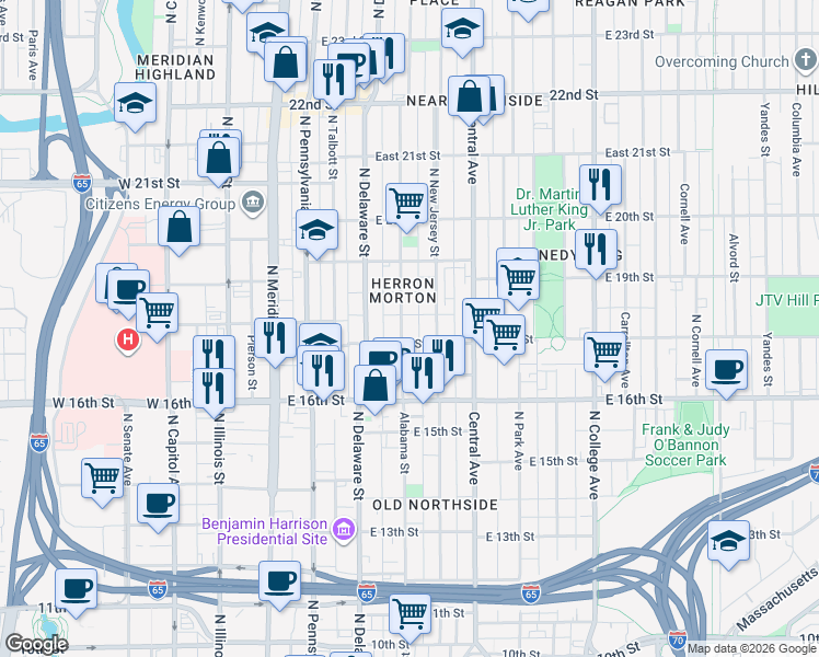 map of restaurants, bars, coffee shops, grocery stores, and more near 1710 North Alabama Street in Indianapolis