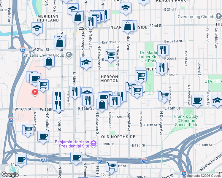 map of restaurants, bars, coffee shops, grocery stores, and more near 1710 North Alabama Street in Indianapolis