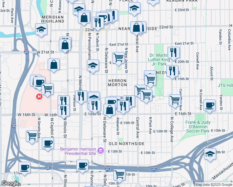 map of restaurants, bars, coffee shops, grocery stores, and more near 1710 North Alabama Street in Indianapolis