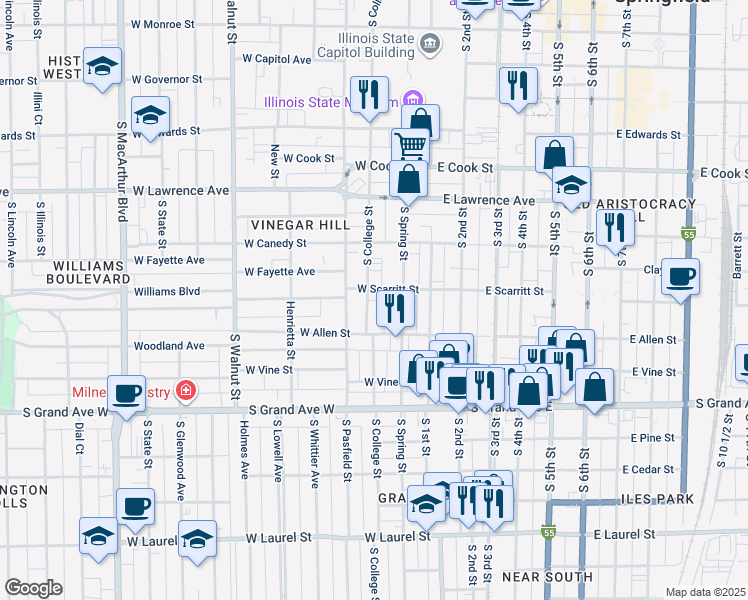 map of restaurants, bars, coffee shops, grocery stores, and more near 1019 South College Street in Springfield
