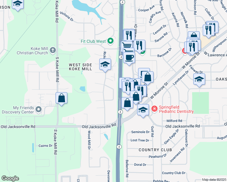 map of restaurants, bars, coffee shops, grocery stores, and more near 806 Freemans Farm Road in Springfield