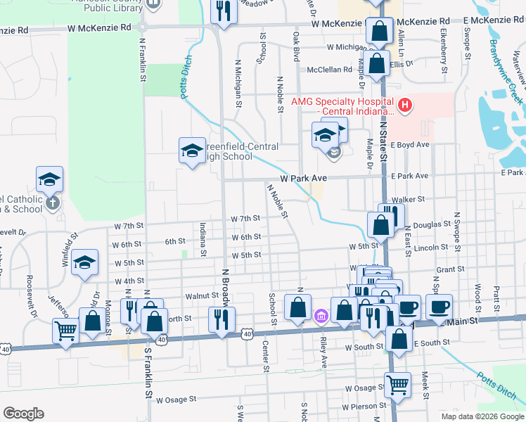 map of restaurants, bars, coffee shops, grocery stores, and more near 608 West 7th Street in Greenfield